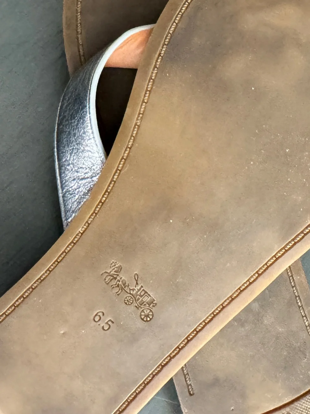 Coach Metallic Silver Heart-Detail Leather Flip Flop Sandals SZ 6.5